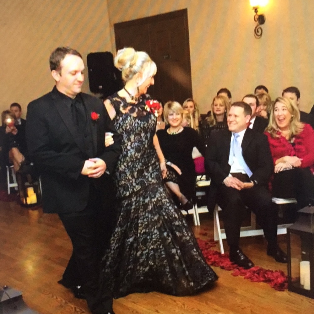 C M Couture Black Lace Evening Gown